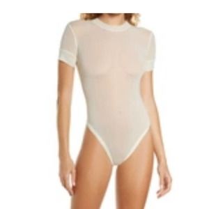 NWT Skims Womens Mesh T-Shirt Bodysuit Size 3X Sheer‎ Short Sleeve Thong In Bone